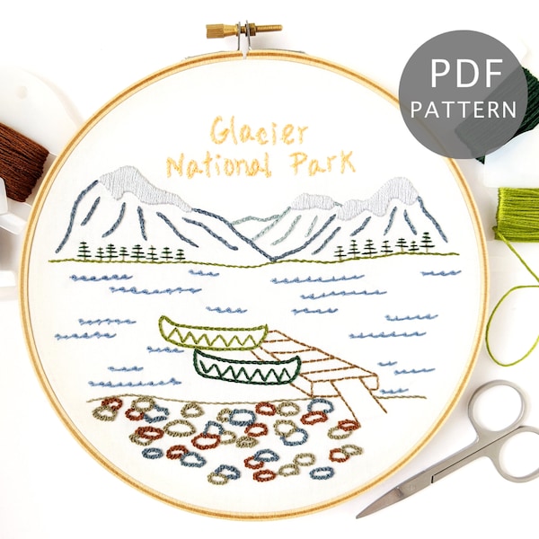 Glacier National Park Hand Embroidery Pattern PDF Download, Montana Mountain Design