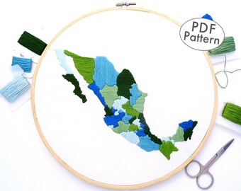 Mexiko Karte Hand Stickmuster PDF Digital Download, Travel Tracker Project