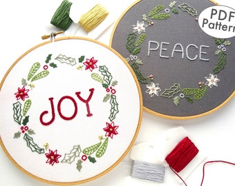 Kerstkrans Handborduurpatroon PDF downloaden, Peace & Joy Flower Design