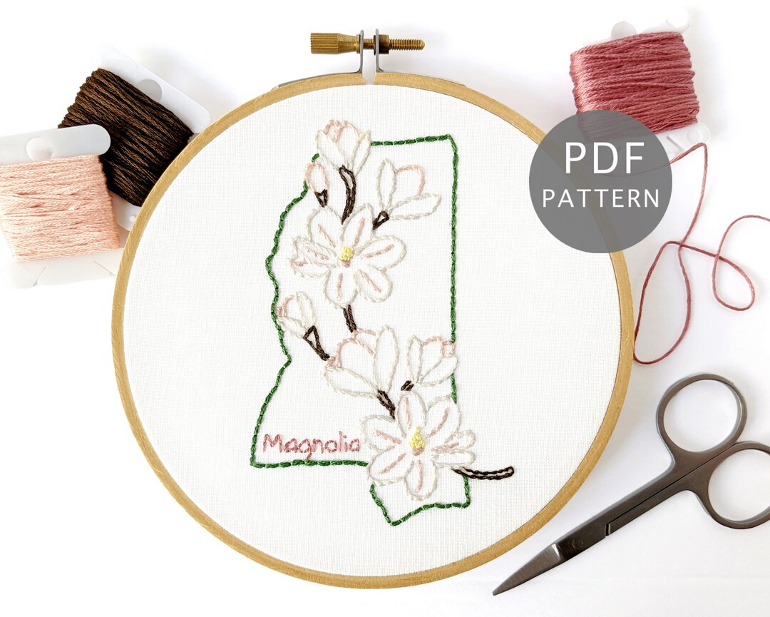 Magnolia Flower Hand Embroidery Pattern, Mississippi State Design, DIY ...