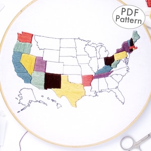 Patrón de bordado a mano de mapa de Estados Unidos, mapa de viajes de EE. UU. PDF Descarga digital Mapa de seguimiento de viajes