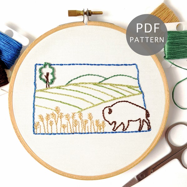 North Dakota Bison Hand Embroidery Pattern PDF Download, Simple State Design