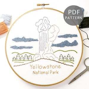 Yellowstone National Park Hand Embroidery Pattern, Old Faithful PDF Digital Design
