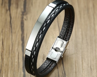 Echtleder Armband mit Gravur-Platte aus Edelstahl | Business | Herren Armband | Persönliches Geschenk | Graviert | Geschenkidee | Boyfriend