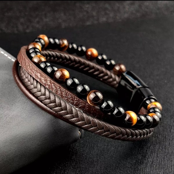 Echtleder Armband mit Naturstein Perlen und Edelstahlverschluss  | Herren Armband | Geschenkidee | Freund | Boyfriend | Personalisierbar |