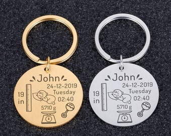 Personalized Keychain Baby Details | New Born | Engraving pendant | 1st birthday | Stainless steel keychain | Gift | infant