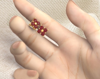 Natural Ruby Flower Stud Earrings: 18K Gold Plated Silver, July Birthstone