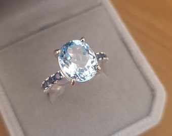 Sky Blue Topaz Ring with Blue Sapphire gemstones ,Natural gemstones, 925 Sterling Silver jewelry for her December Birthday, jewelry Thailand