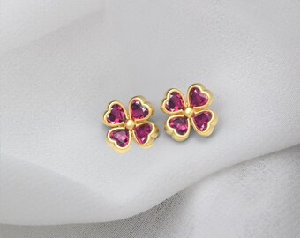 Four Cover leaf Pink purple Rhodolite Garnet, Heart shape, 925 Silver earring.