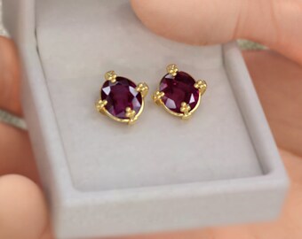 Oval Ruby Stud Earrings, 18k Gold Plated Sterling Silver, July Birthstone