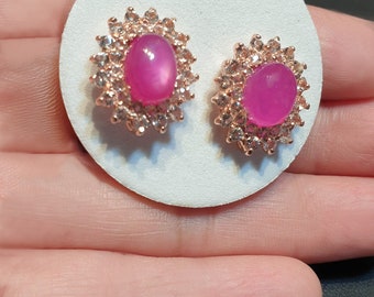 Ruby Earrings: 925 Silver Pink Gold, White Topaz Halo