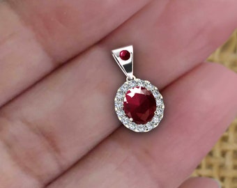 9k  White gold, Natural Ruby gemstones and White Zircon gemstone Pendant,  Ruby Pendant ,July birthday gemstones  ,Thailand jewelry