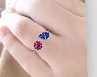 Zilveren ring met robijn en saffier: minimalistische beloftering met dubbele edelsteen