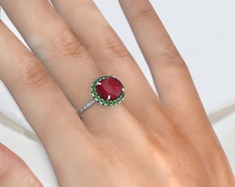 Oval Ruby Engagement Ring: Green Chrome & Zircon Accent, Silver