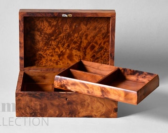 Luxury Jewelry Box Made Of Thuya Wood Burl With Velvet Lined tray for two level of storage