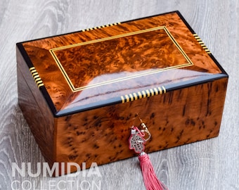 Thuya Wood Jewelry Box with Lock | Velvet Lined Keepsake | Personalized Gift Box for Him or Her | Handmade in Morocco