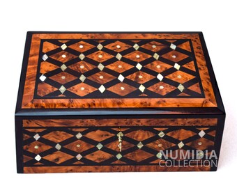 Joyero de madera de veta final para mujer, caja de madera de nácar, caja de madera estampada, caja de joyería de madera con incrustaciones, caja de joyería de madera con nudo geométrico