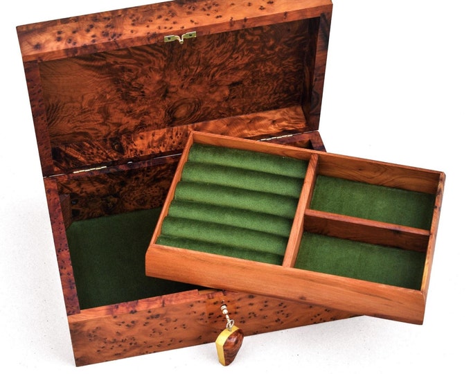 Luxury Jewelry Box Made Of Thuya Wood Burl With Velvet Lined tray for two level of storage
