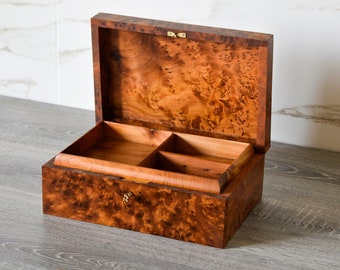 Luxury Jewelry Box Made Of Thuya Wood Burl With Velvet Lined tray for two level of storage