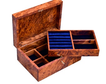 Luxury Jewelry Box Made Of Thuya Wood Burl With Velvet Lined tray for two level of storage