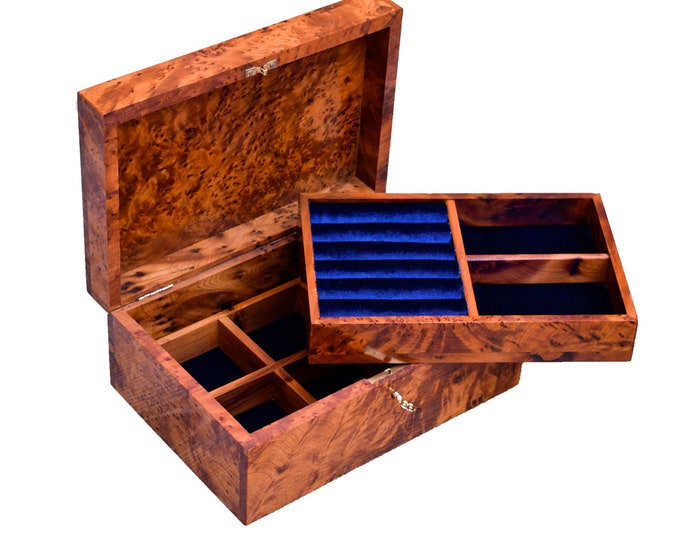 Luxury Jewelry Box Made Of Thuya Wood Burl With Velvet Lined tray for two level of storage