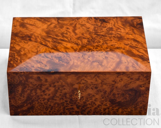 Handmade Thuya Wood Burl Jewelry Box , Unique Lockable Wooden Chest , engraved Memory Couple Gift, FREE engraving wood Christmas gift