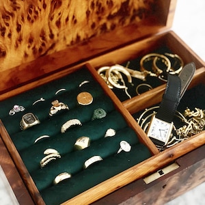 Boîte à bijoux en bois faite main en ronce de bois avec clé grande boîte à souvenirs doublée de velours et rangement pour bagues grande boîte à bijoux