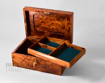 12" x 8" Large HANDMADE Solid Thuya Burl JEWELRY BOX wood gift, Lockable Wooden Chest Box, Unique Handmade Luxury Box with velvet lining