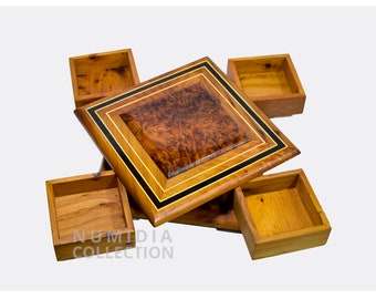 Caja de apertura secreta, caja mágica de madera, joyero de madera de thuya, caja de madera con cuatro cajones, caja misteriosa tallada a mano, caja mágica, caja secreta.