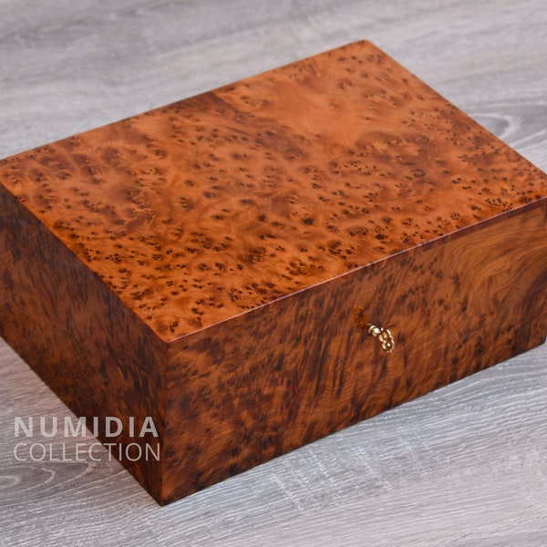 12" x 8" Large Luxurious Handmade Jewelry Box with Thuya Burl Wood Exterior and Soft Velvet Interior men 65th birthday