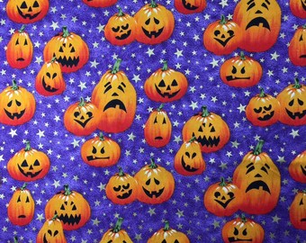 33" Piece COTTON PICKENS D# Halloween Happy Pumpkins on Purple with Gold Metallic Stars