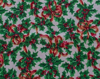 1 Yd Christmas VIP Red Ribbon on Green Holly Leaves Fabric Cranston Print Works Co. USA