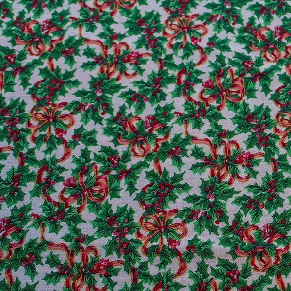 35 1/2" Christmas VIP Red Ribbon on green holly leaves fabric NEW Cranston Print Works Co.  USA Free domestic shipping