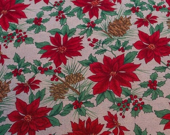 1 Yd 11" Christmas Red Poinsettia Holly Berries Fabric 2006