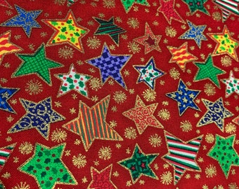 1 Yd Season's Greetings by Fabri-Quilt, Inc. Patt # 830 Christmas Allover Patterned, Gold edged Stars