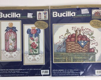 2 Bucilla Sets Cross Stitch Kits #42455, Apples & Berries and #42449 Rosewater and Magnolia Blossom