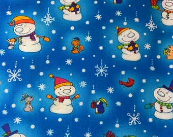 By the piece 19" (1/2 yd 1 In) "Winter Welcomes" smiling Cute Snowmen and Penguins Snowflakes