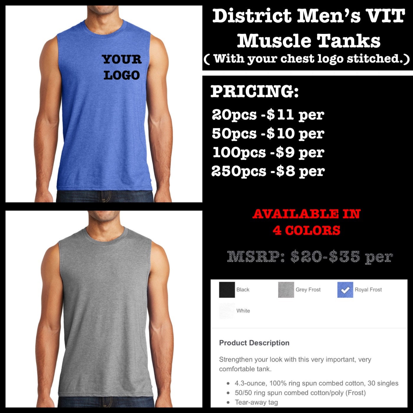 District VIT Mens Muscle Tanks With Chest Logo Embroidered 