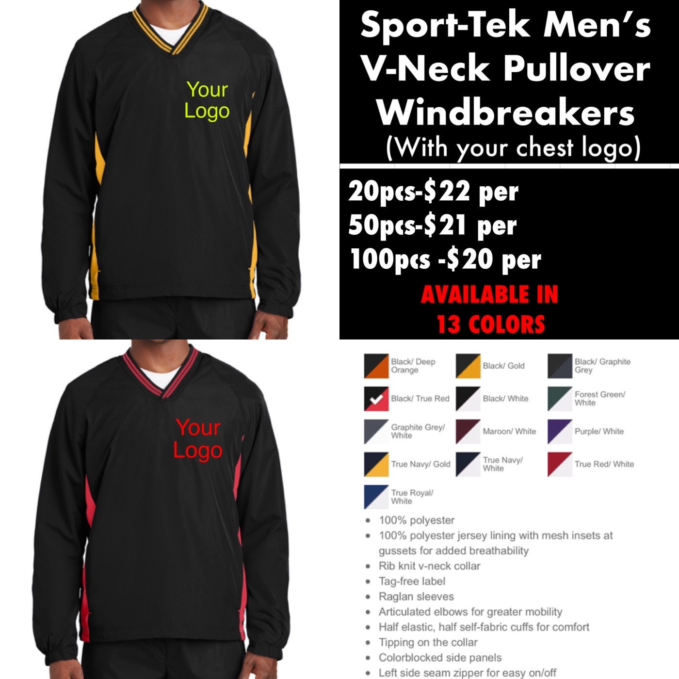Sporttek Mens Vneck Windbreaker Pullovers With Chest Logo Embroidery