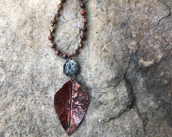 Long leopard jasper and copper necklace with copper leaf pendant