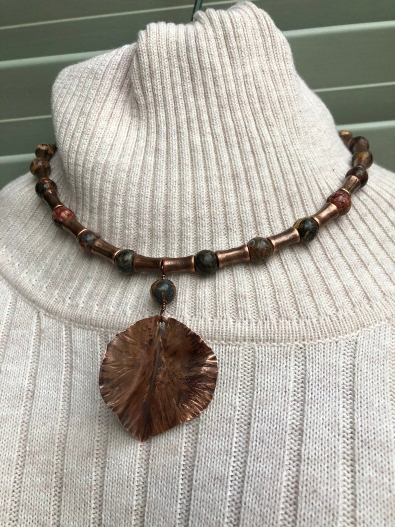 16 inch leopard jasper and copper necklace with copper leaf pendant