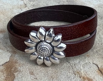Double Wrap Leather Sunflower Bracelet
