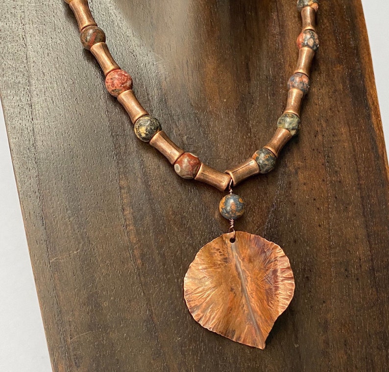 16 inch leopard jasper and copper necklace with copper leaf pendant