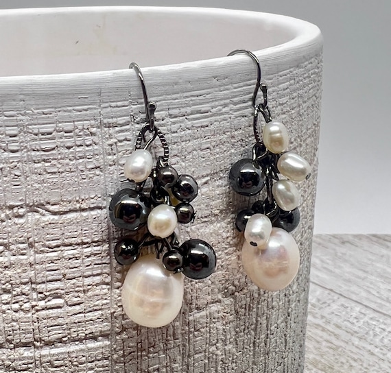 Gunmetal and Freshwater Pearl Dangle Earrings UK
