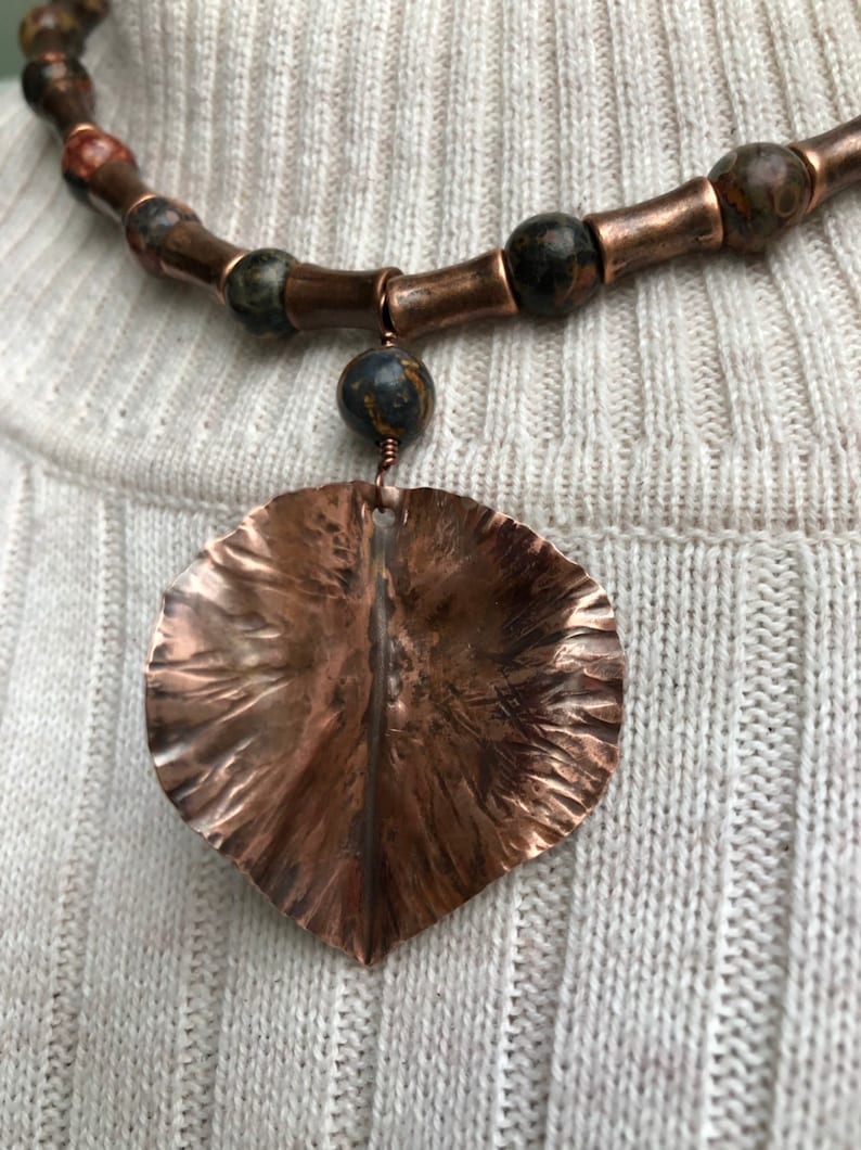 16 inch leopard jasper and copper necklace with copper leaf pendant