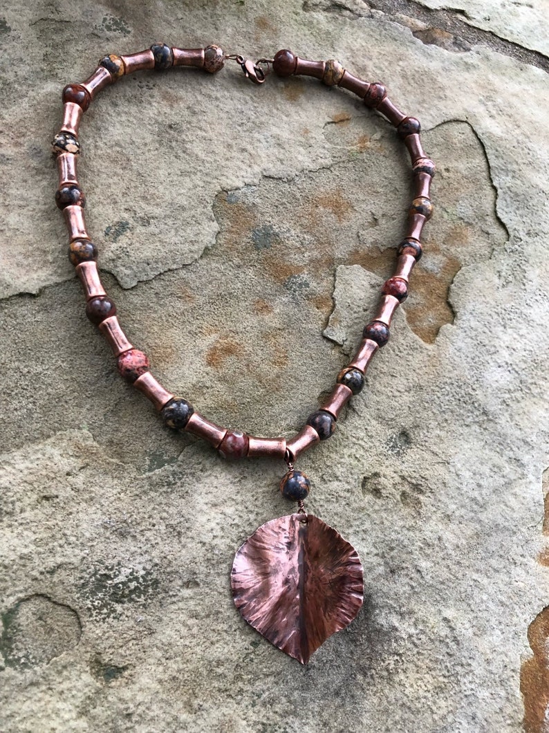 16 inch leopard jasper and copper necklace with copper leaf pendant
