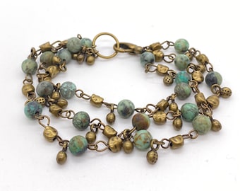 African turquoise jasper multi strand beaded bronze bracelet