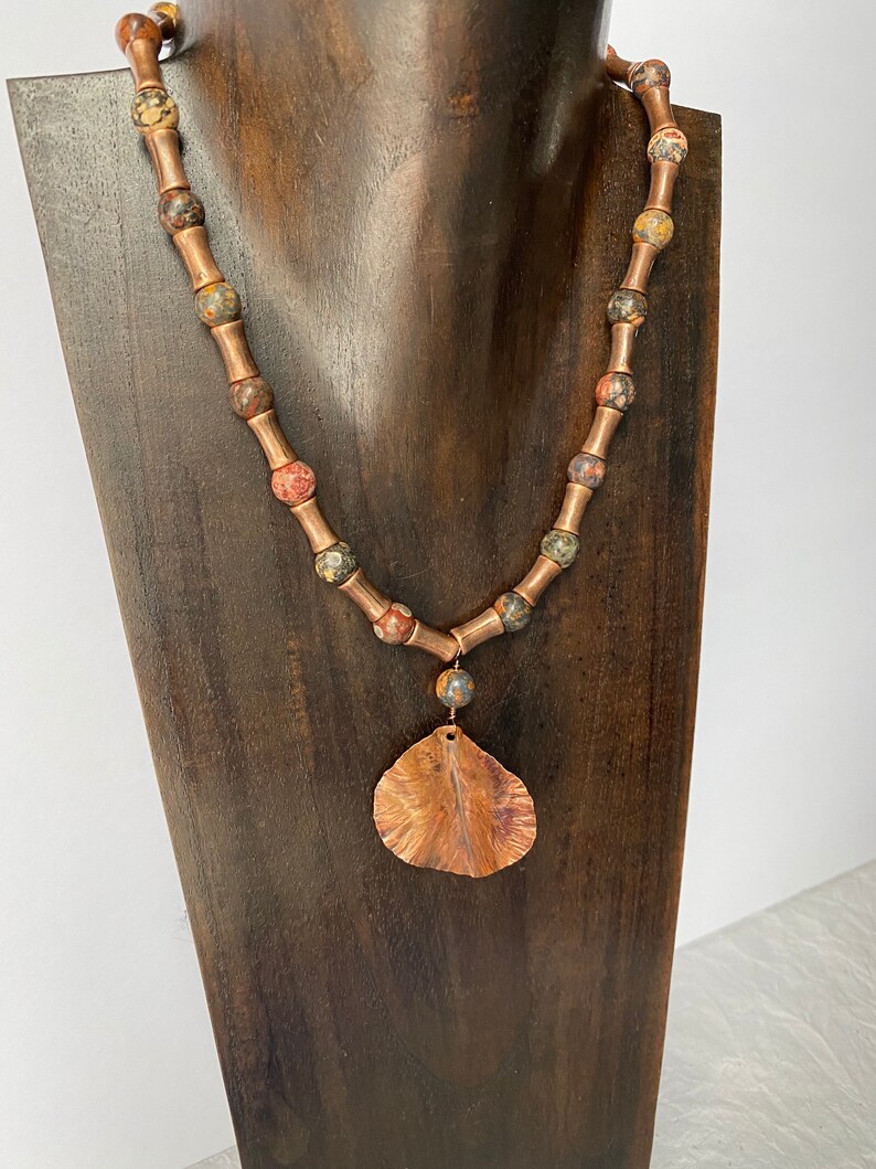 16 inch leopard jasper and copper necklace with copper leaf pendant