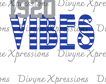 May include: A blue and white striped graphic with the text "1920 VIBES" in a gray and blue font.