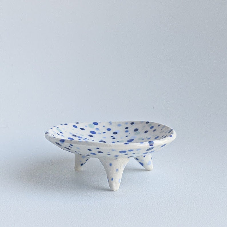 blue tripod midcentury dish jewelry tray handmade jewelry dish Handmade ceramic dish ring dish mini dish incense burner legged dish